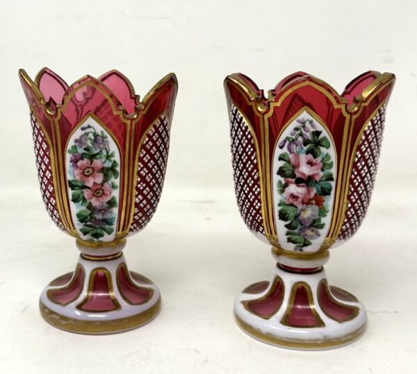 525. Antique Vintage Pair Moser Style Bohemian Hand Cut Crystal Ruby Cranberry Vases