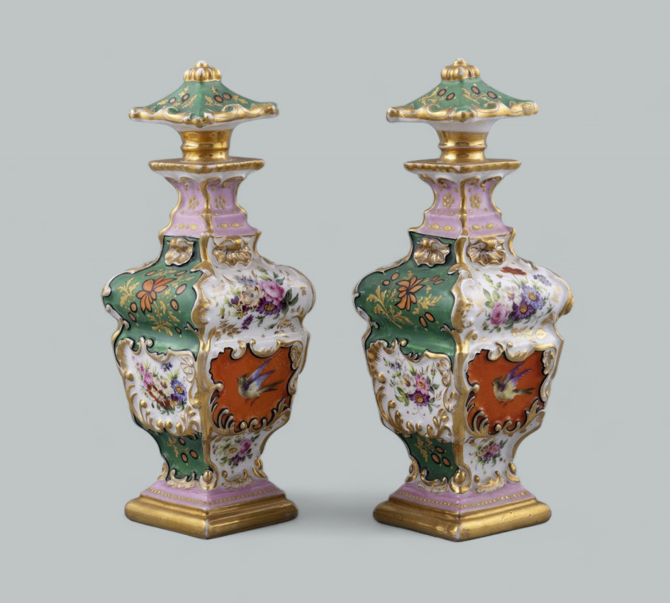 450. Antique Pair French Porcelain Scent Perfume Bottles Jacob Petit Celest Blue Gilt