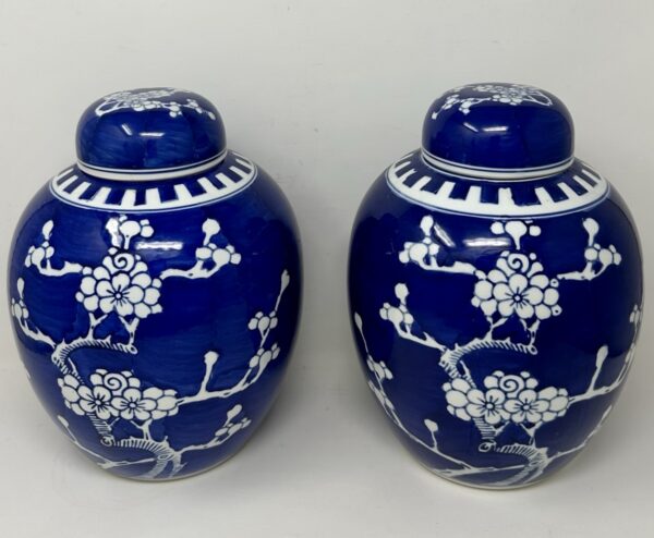 738. Antique Pair Asian Chinese Export Blue White Porcelain Ginger Jars Mid Century