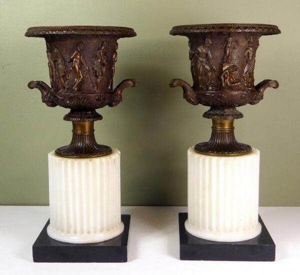 903. Antique Pair of Grand Tour Borghese or Medici Bronze Campana Urns Vases