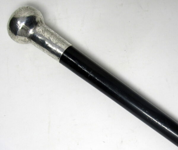 159. Fine Ebony Walking Cane Stick Silver Grip London Hallmark 1923