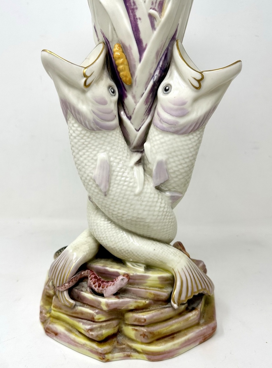 524. Antique Pair Irish Belleek Porcelain Triple Fish Rare Vases 1863-1890 Ireland - Image 5