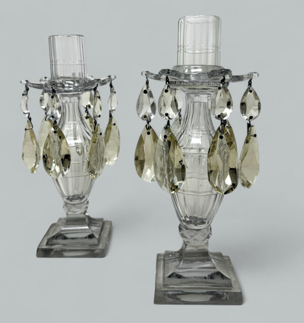 253. Antique Pair possibly Irish Lead Crystal Hand Cut Lustres Candlesticks Ireland