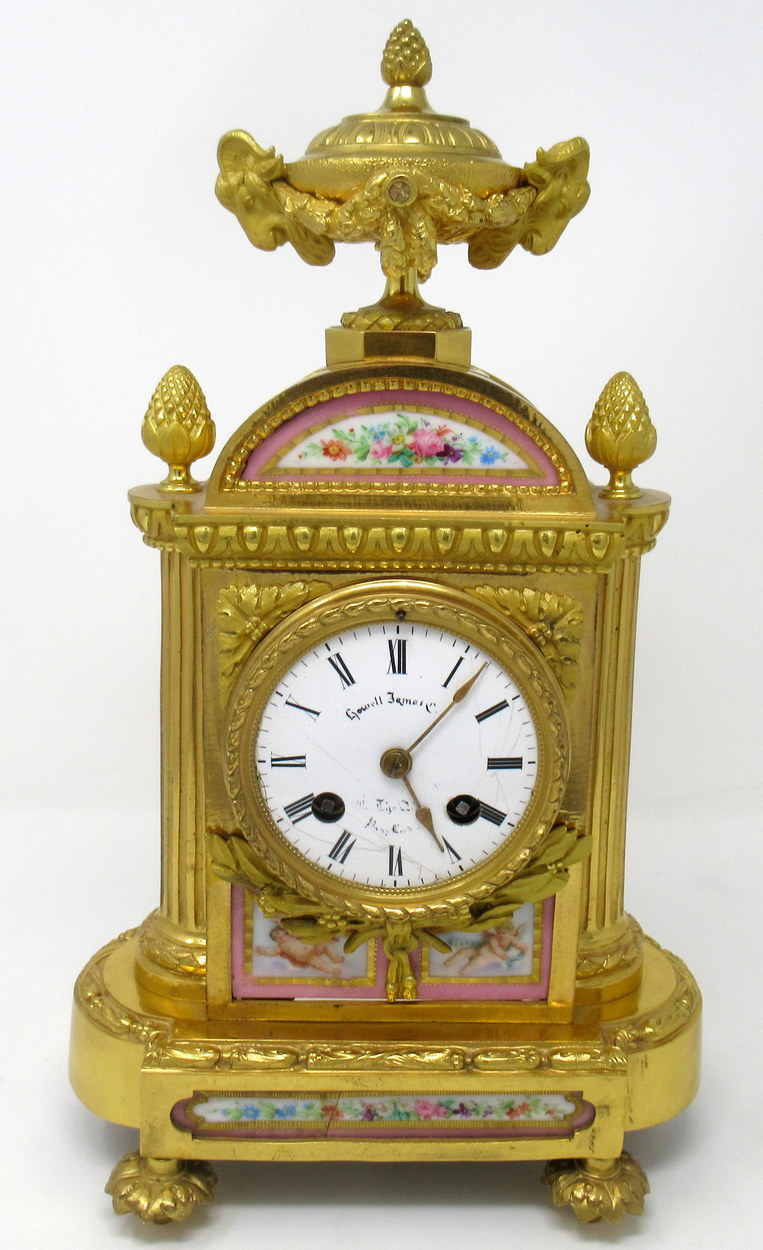 968. Fine French Ormolu Mantle Clock Sevres Panels 19thCt. Howell Janes London Paris