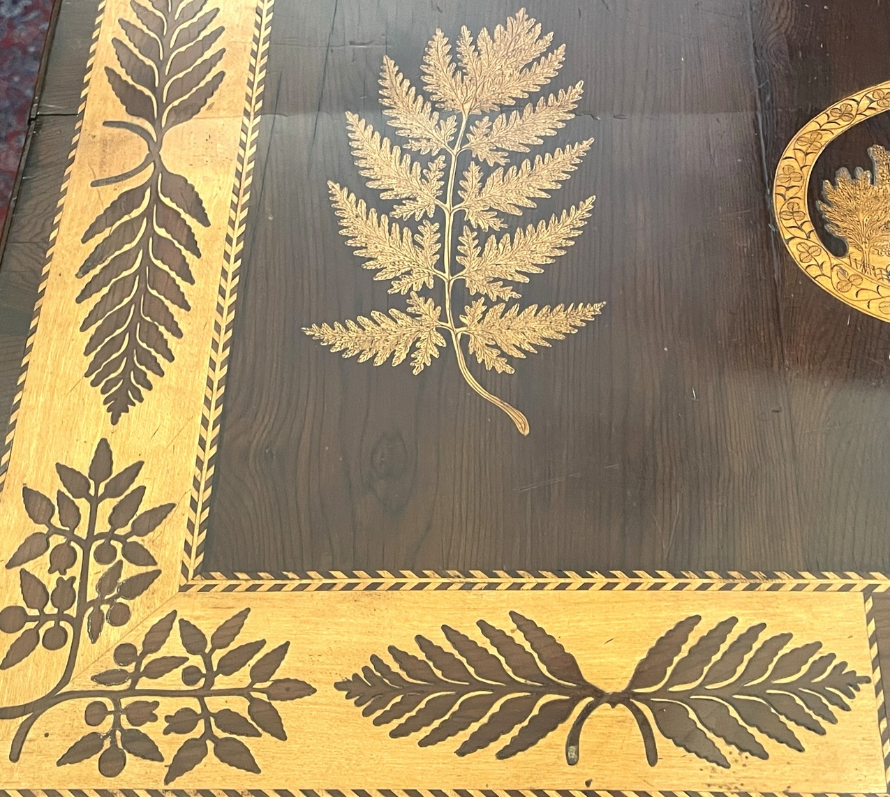 099. Antique Irish Castle Ruins Killarney Killarneyware Arbutus Wood Sutherland Table - Image 7