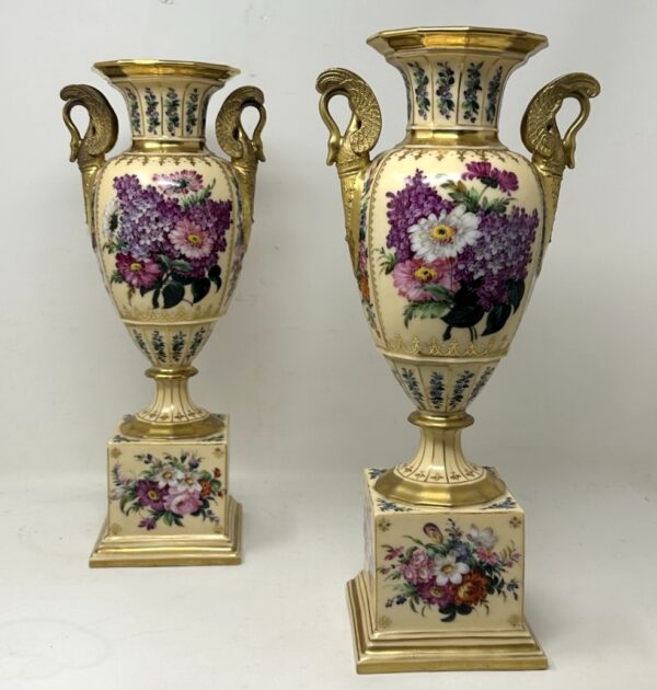 874. Antique Pair French Sèvres Style Porcelain Gilt Mounted Urns Vases Centerpieces