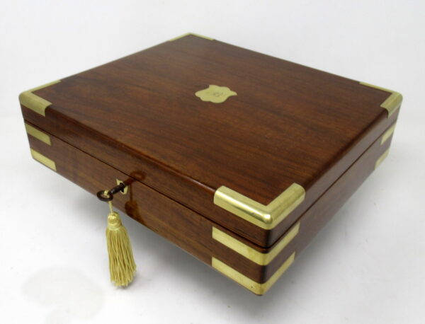 512. Antique Vintage Solid Mahogany Wooden Jewelry Box Casket Brass Bound 19th Cent