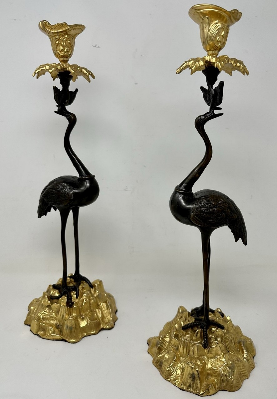 473. Pair English Ormolu Gilt Bronze Candlesticks Storks Cranes Attributed to Abbott - Image 2