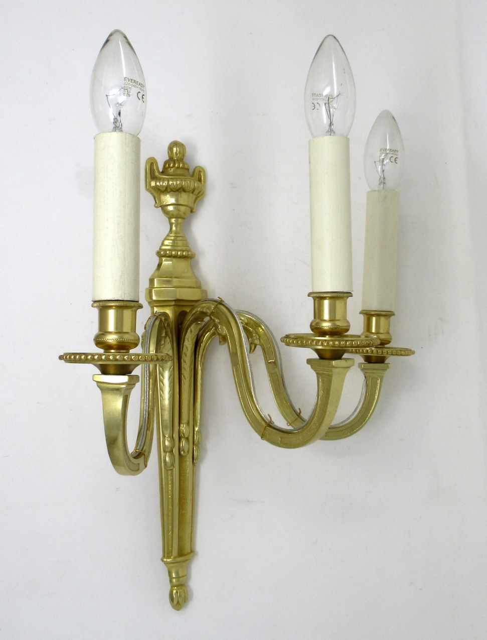 496. Antique Pair of English Gilt Bronze Three Light Wall Candle Sconces 19th Century - Image 4