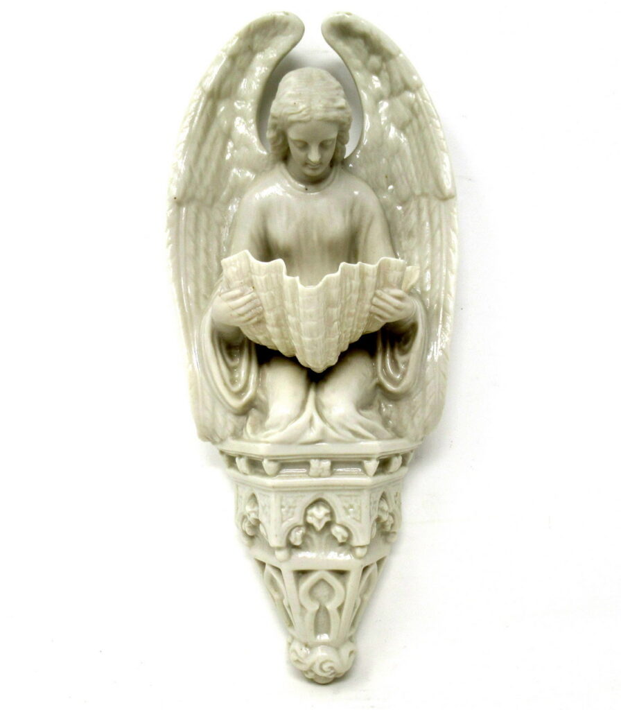 673. Antique Irish Belleek Ireland Porcelain Vase Holy Water Font Stoop Black Mark