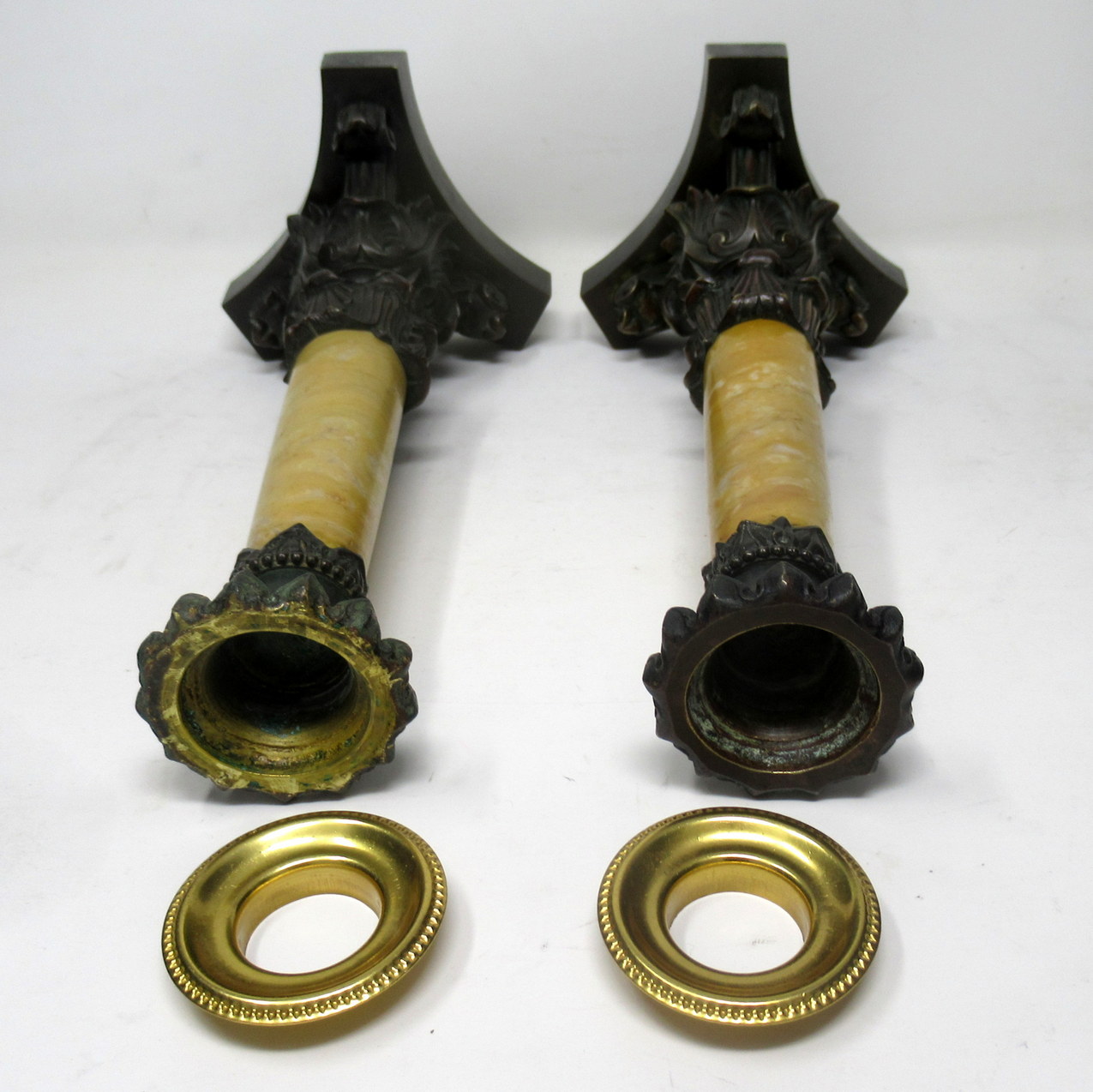 209. Antique Pair Grand Tour French Bronze Dore Sienna Marble Ormolu Candlesticks 19th Century - Image 9