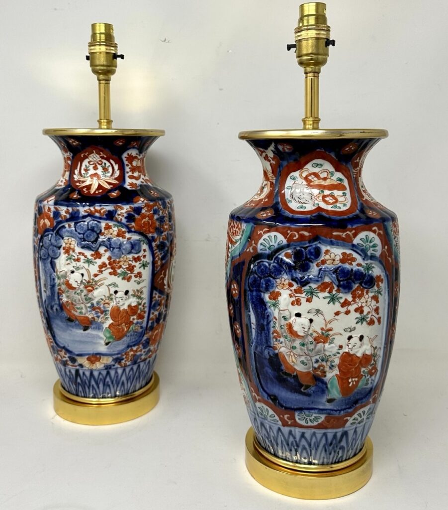 733. Antique Pair Japanese Chinese Imari Porcelain Ormolu Table Lamps Blue Red Gilt