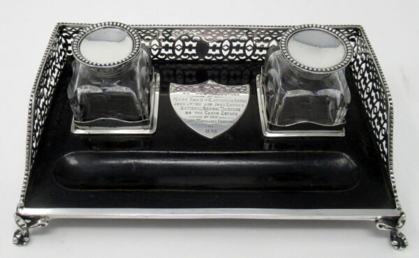 163. Stylish Sterling Silver and Ebony Twin Inkstand Tipperary Irish Provenance 19thCt