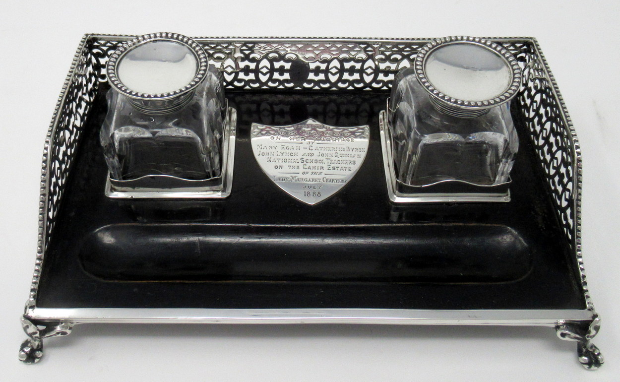 163. Stylish Sterling Silver and Ebony Twin Inkstand Tipperary Irish Provenance 19thCt