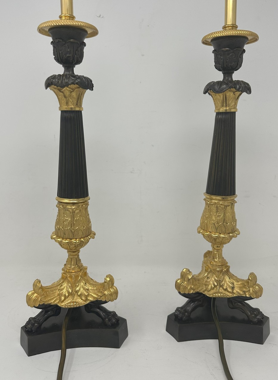 222. Antique Pair of French Doré Bronze Neoclassical Ormolu Gilt Candlesticks Lamps - Image 5