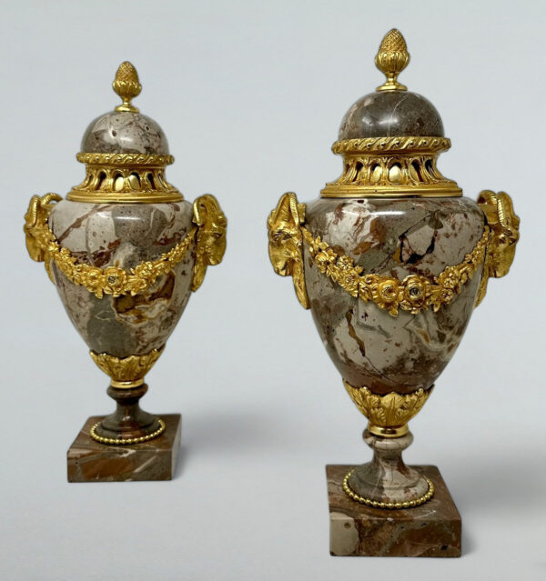 154. Antique Pair French Sarrancolin Marble Gilt Bronze Ormolu Urns Vases Grand Tour