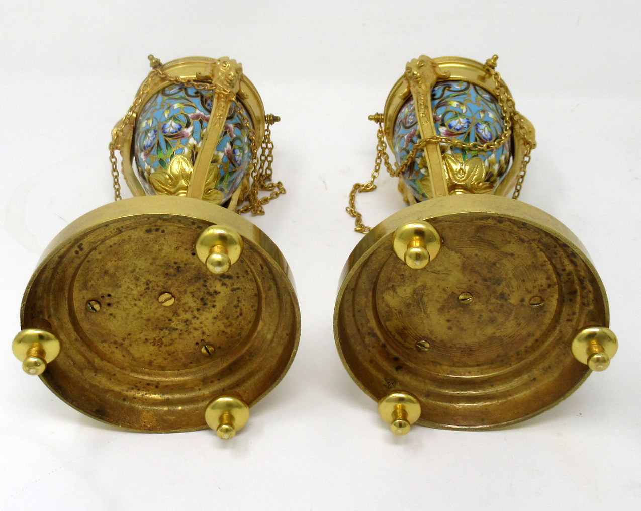 848. Antique Pair French Champlevé Enamel Ormolu Gilt Bronze Cassolettes Urns Vases - Image 9