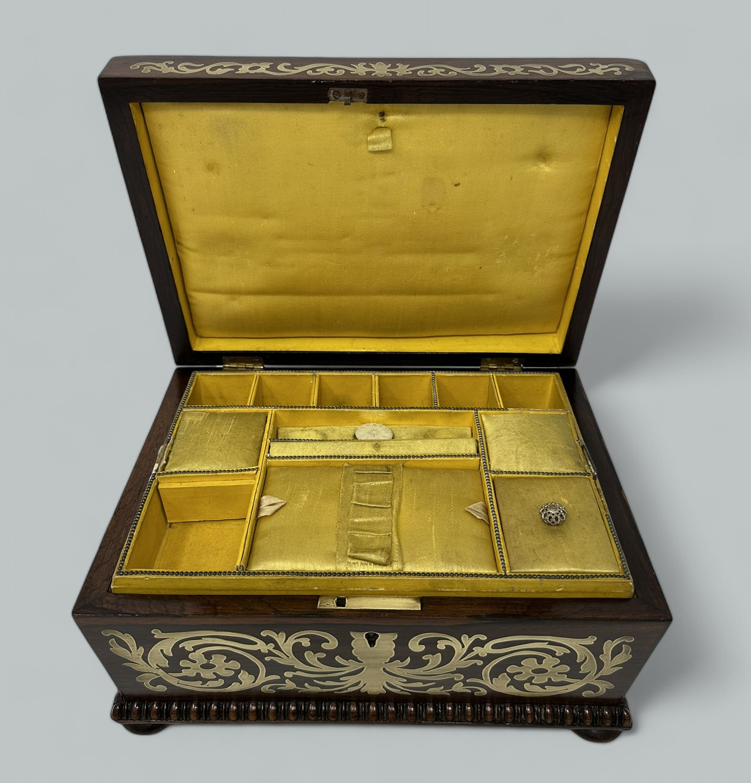 104. Antique Brass Inlaid Rosewood English Jewelry Sewing Casket Gillows Lancaster - Image 8