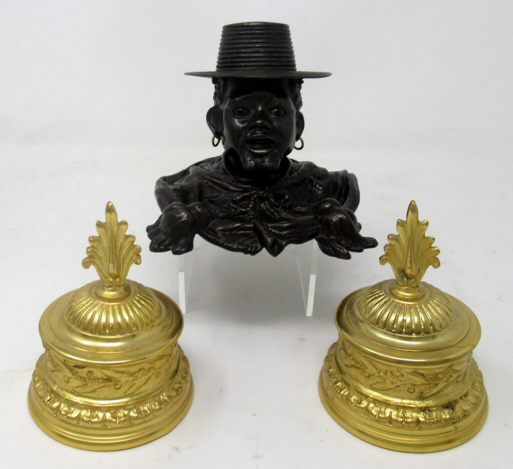672. Antique Chinese Japanese Bronze Inkwell Male Bust Pair French Ormolu Desk Set