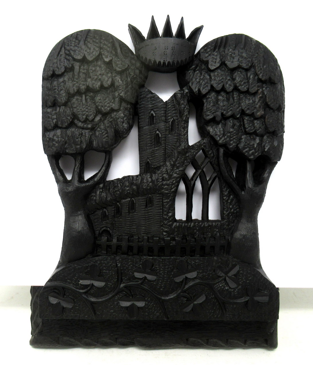 315. Irish Carved Bog Wood Oak Bookcase Harp Shamrock Cornelius Goggin Dublin Ireland - Image 3