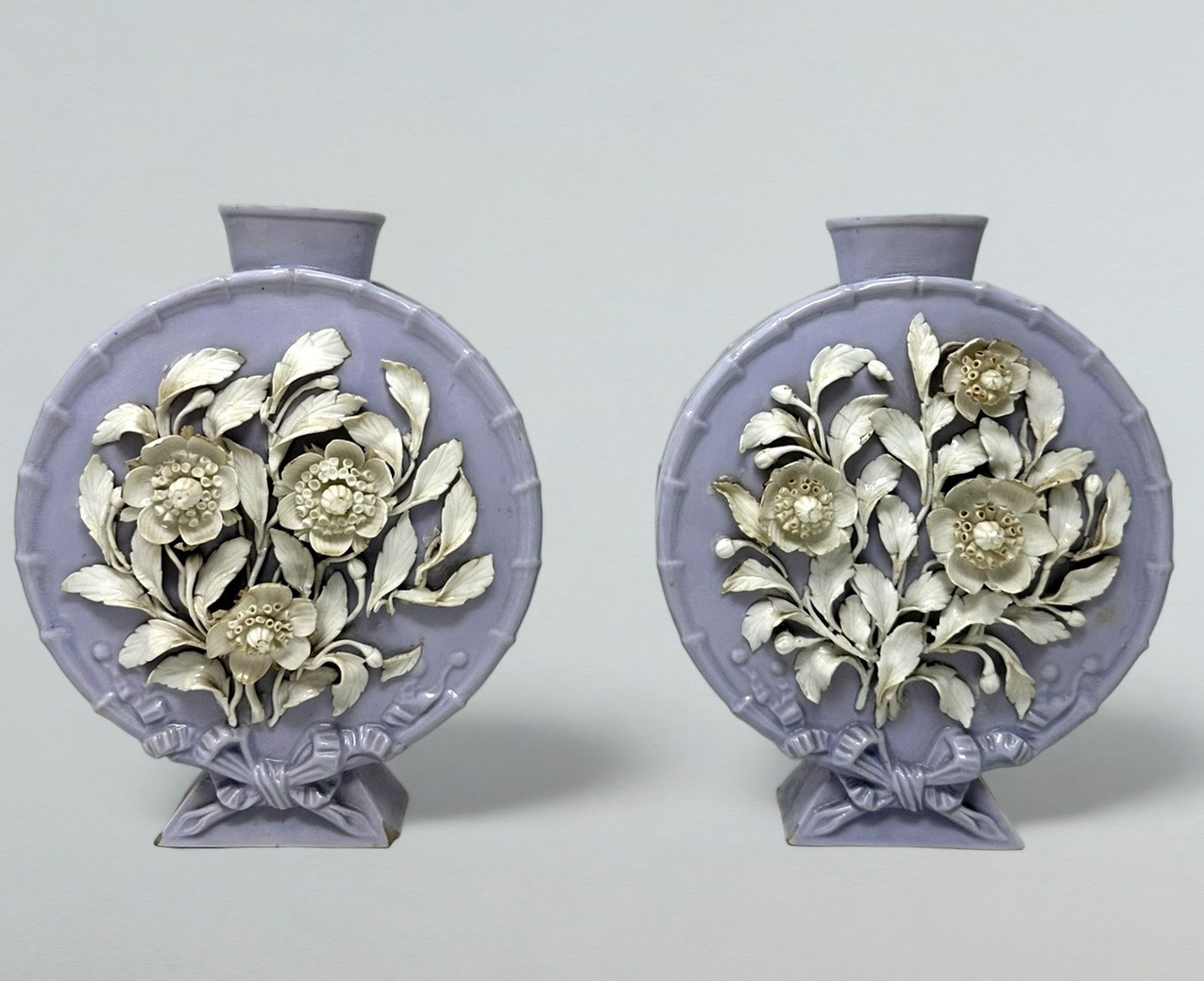 274. Antique Pair French Victorian Porcelain Urns Vases Moon Flasks 19thCt Provenance - Image 3