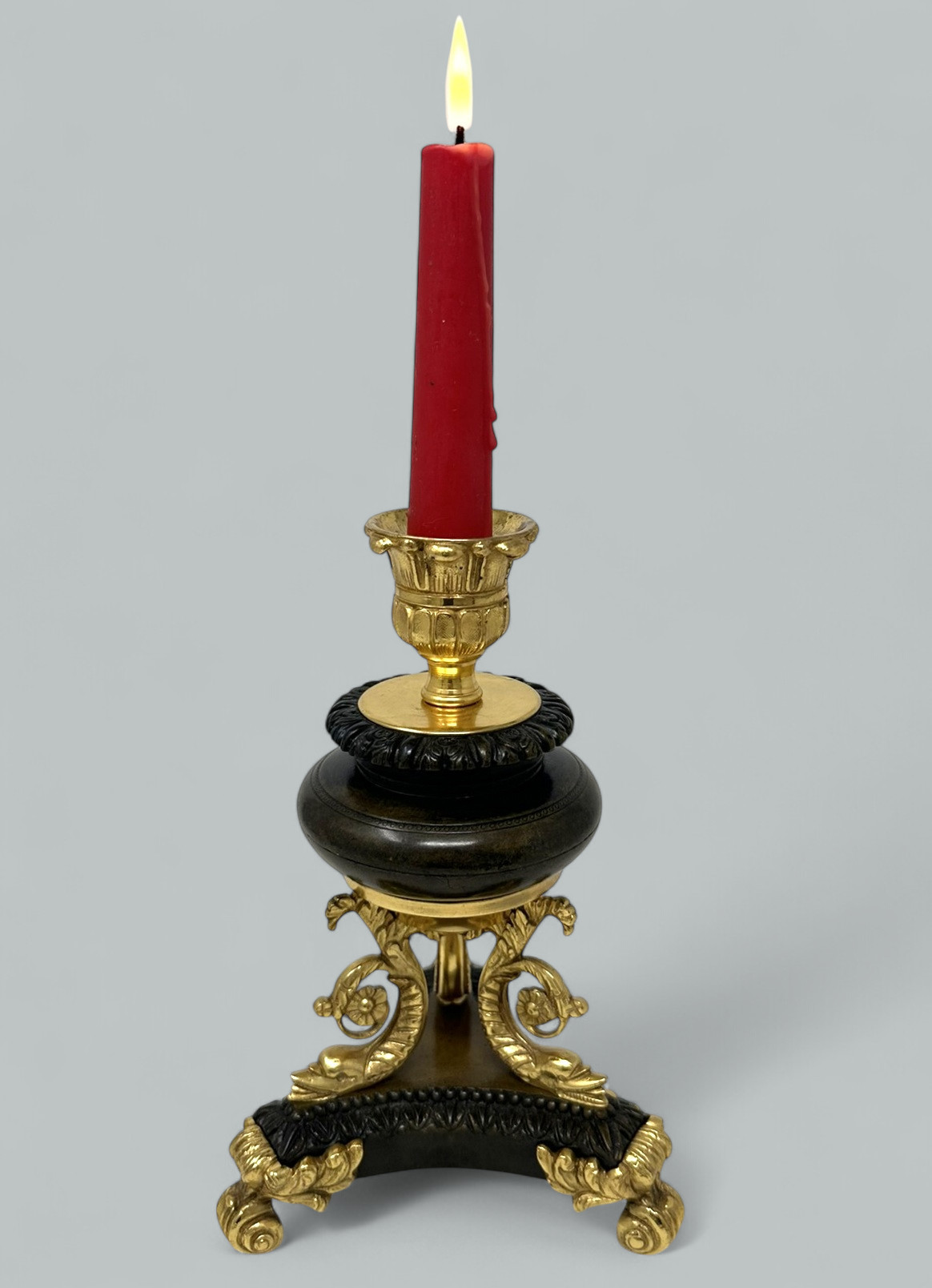 919. Antique Pair French Ormolu Gilt Bronze Dore Empire Candlesticks with Dolphins - Image 2