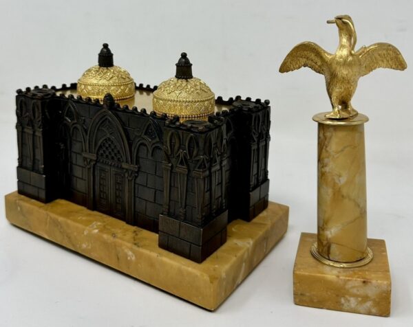 282. Antique Grand Tour French Bronze Desk Set Inkstand Church Cathedral Siena Marble