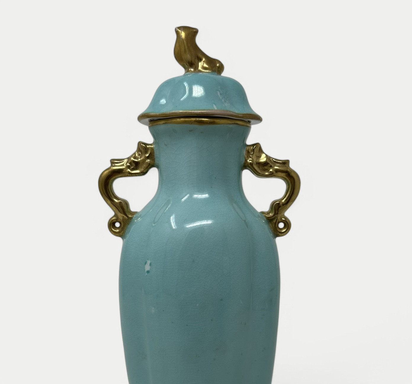 074. Antique Meissen Dresden Vase Urn Centerpiece Turquoise Blue Green Gilt Dragon - Image 5