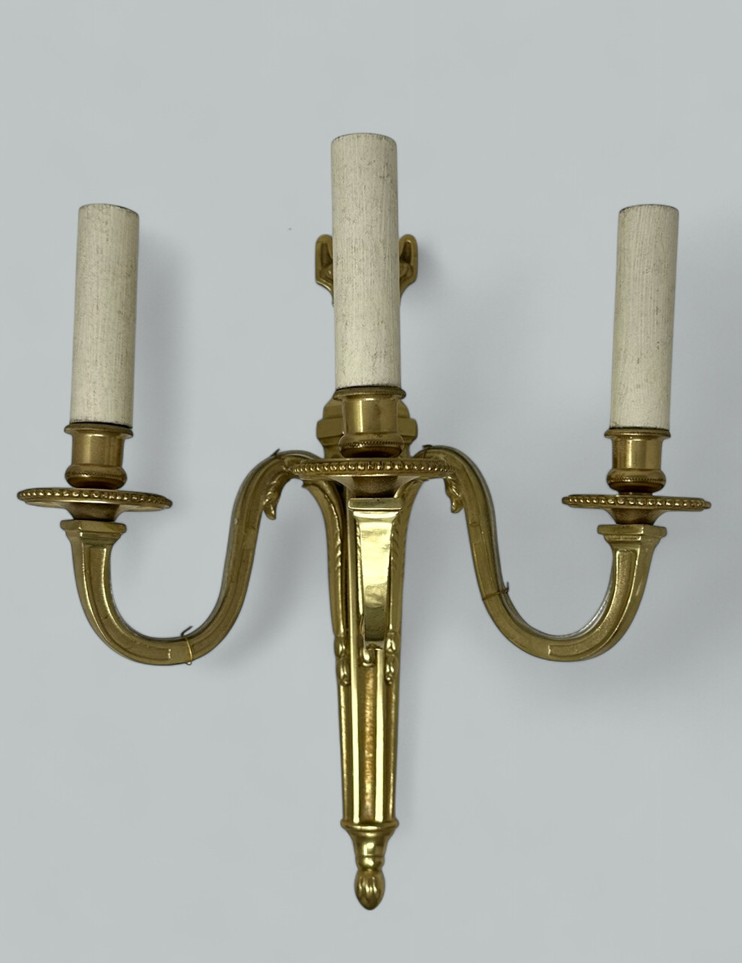 496. Antique Pair Ormolu Gilt Bronze Treble Light Wall Electric Sconces Appliques 19C - Image 3