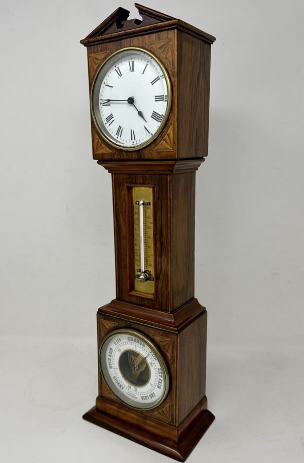 691. Antique Miniature Mahogany Boxwood Longcase Clock Thermometer Barometer 19th Ct