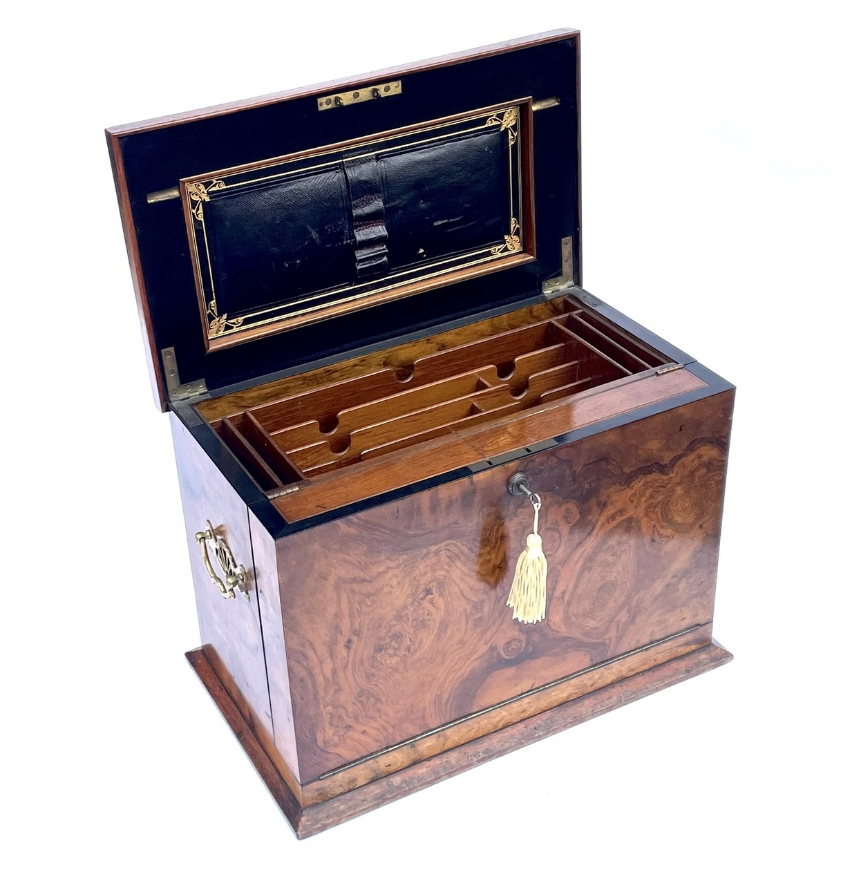 936. Antique Victorian Traveling Wooden Burl Walnut Writing Slope Stationary Box 19c - Image 13