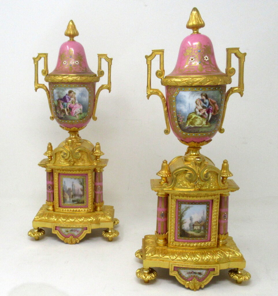 426. Antique Pair of Sèvres Porcelain Watteau Scene Gilt Bronze Landscape Urns Vases