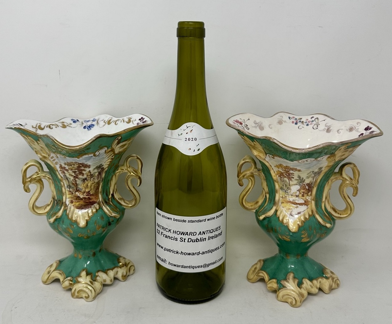 521. Antique Pair English Porcelain Green Samuel Alcock Vases Urns Still Life Flowers - Image 11