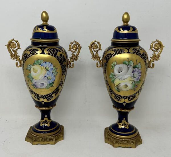 521. Antique Pair of French Limoges Porcelain Ormolu Mounted Urns Vases Centerpieces