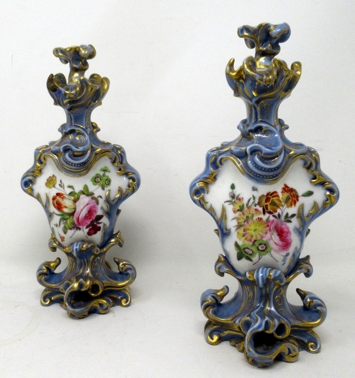 459. Antique Pair French Porcelain Scent Perfume Bottles Jacob Petit Celeste Blue Gilt - Image 3