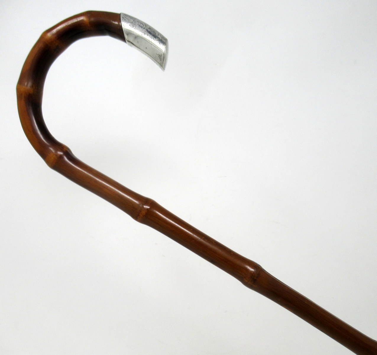 454. Antique Bamboo Wooden Walking Stick Cane Sterling Silver Mount Crook Handle 1908 - Image 5