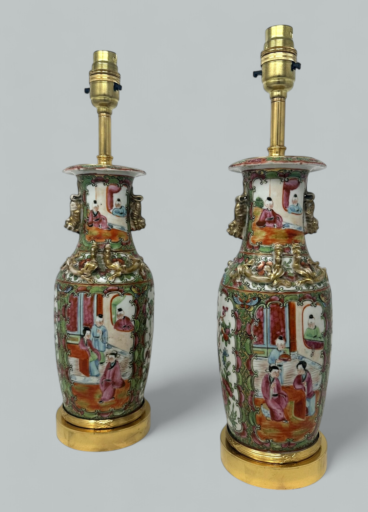 762. Antique Famille Rose Medallion Canton Cantonese Ormolu Chinese Table Lamps Pair - Image 2