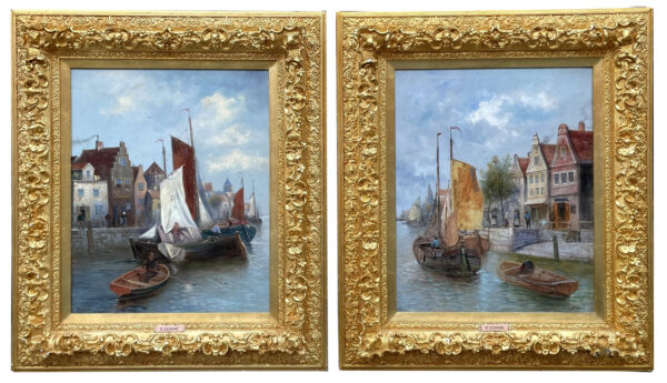 620. Felix Lenoir Pair Dutch Oil Paintings Marine Scenes Amsterdam Irish Interest 19Ct