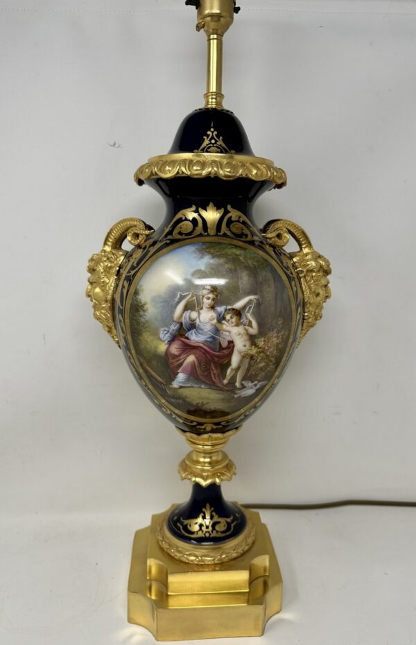 526. French Sèvres Porcelain Watteau Scene Ormolu Cobalt Blue Table Lamp Bronze Satyr
