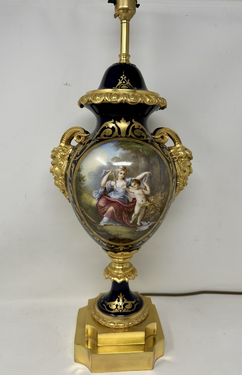 526. French Sèvres Porcelain Watteau Scene Ormolu Cobalt Blue Table Lamp Bronze Satyr