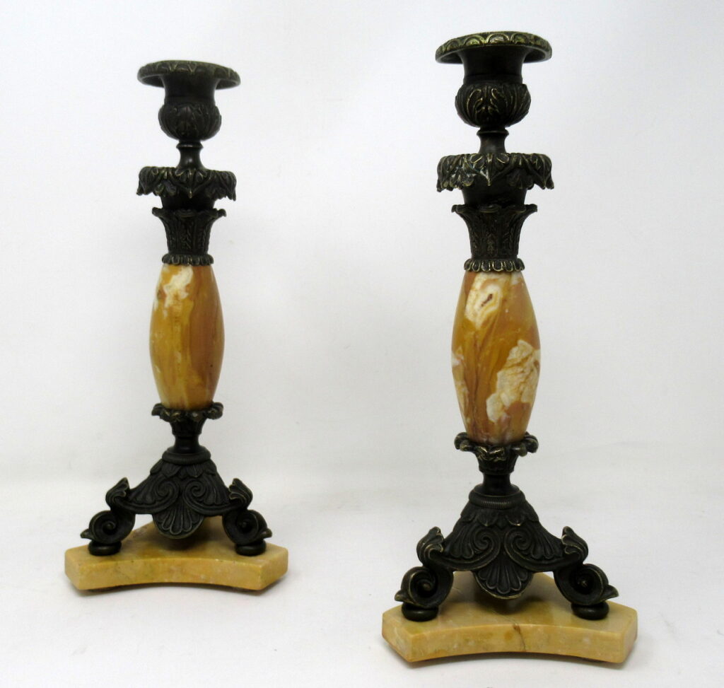 209. Antique Pair French Sienna Marble Grand Tour Bronze Candelabra Candlesticks 19Ct