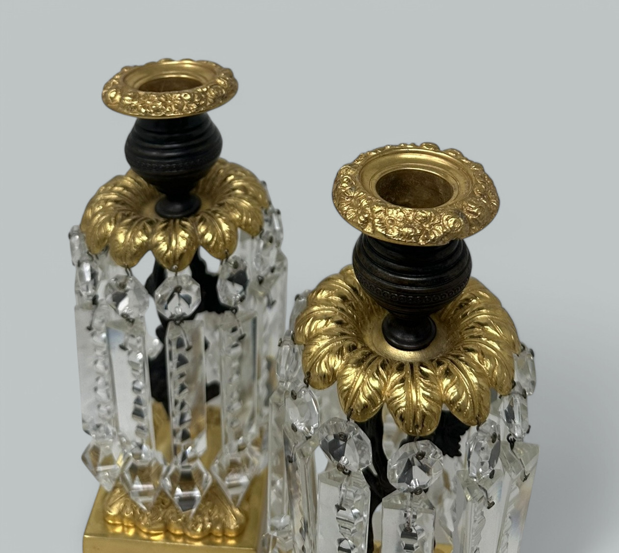 197. Pair English Regency Ormolu Bronze Crystal Lusters Candlesticks Candelabra 19Ct - Image 9