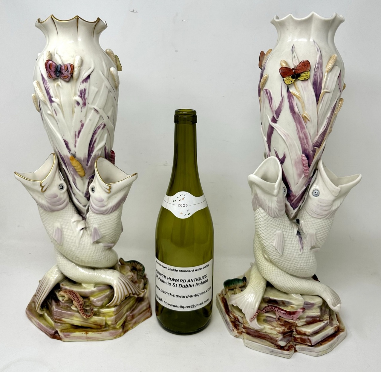 524. Antique Pair Irish Belleek Porcelain Triple Fish Rare Vases 1863-1890 Ireland - Image 11