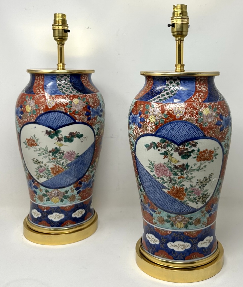 730. Antique Pair Japanese Chinese Imari Porcelain Ormolu Table Lamps Blue Red Gilt
