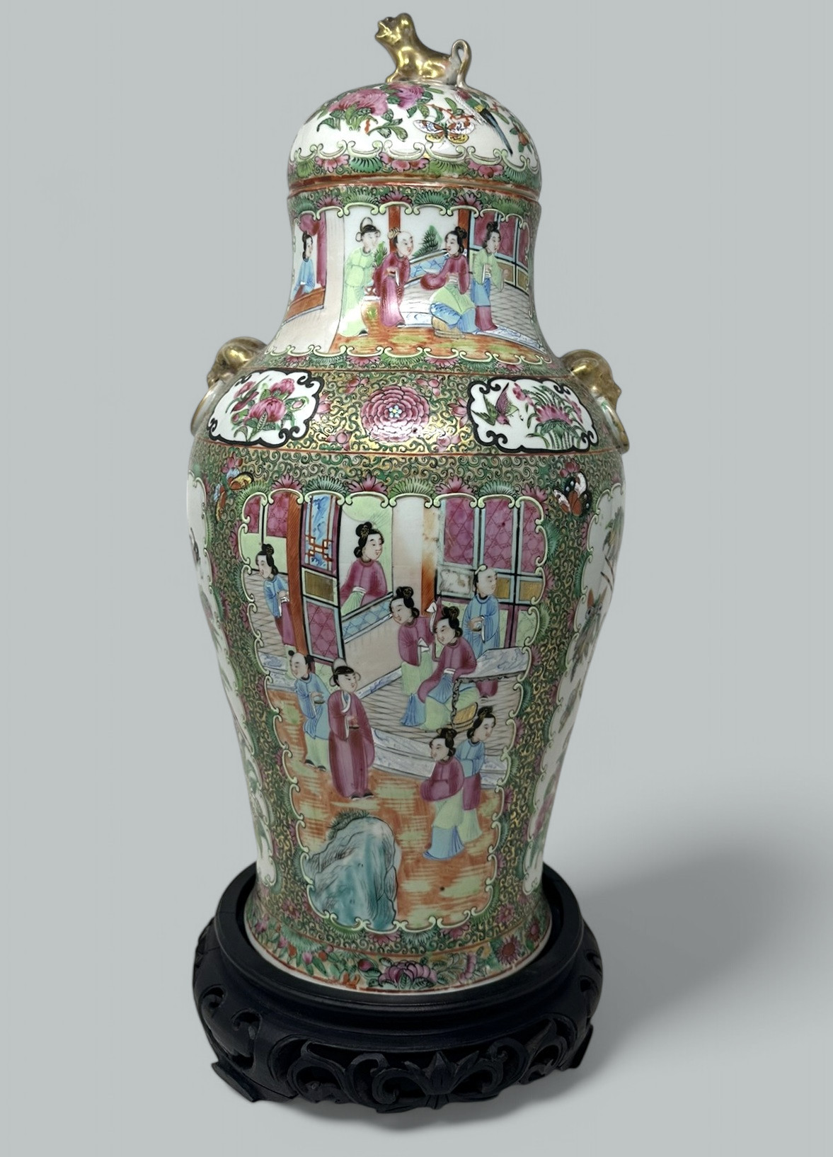 953. Antique Pair Famille Rose Medallion Canton Cantonese Chinese Fo Dog Vases Urns - Image 6