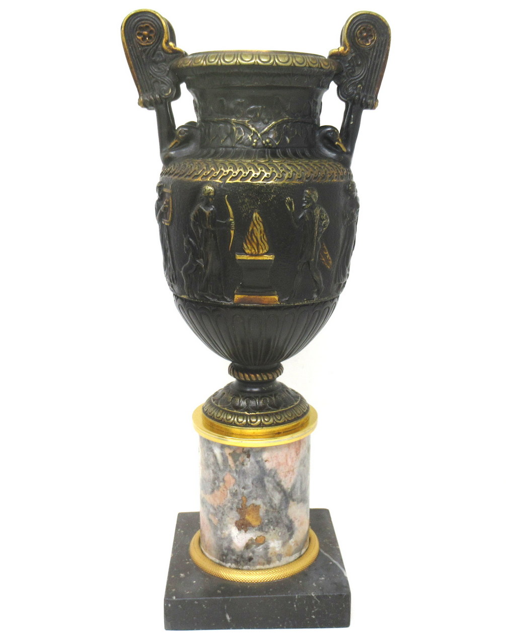 928. Antique Pair French Bronze Ormolu Townley Urns Vases Breche Violette Marble 19Ct - Image 5