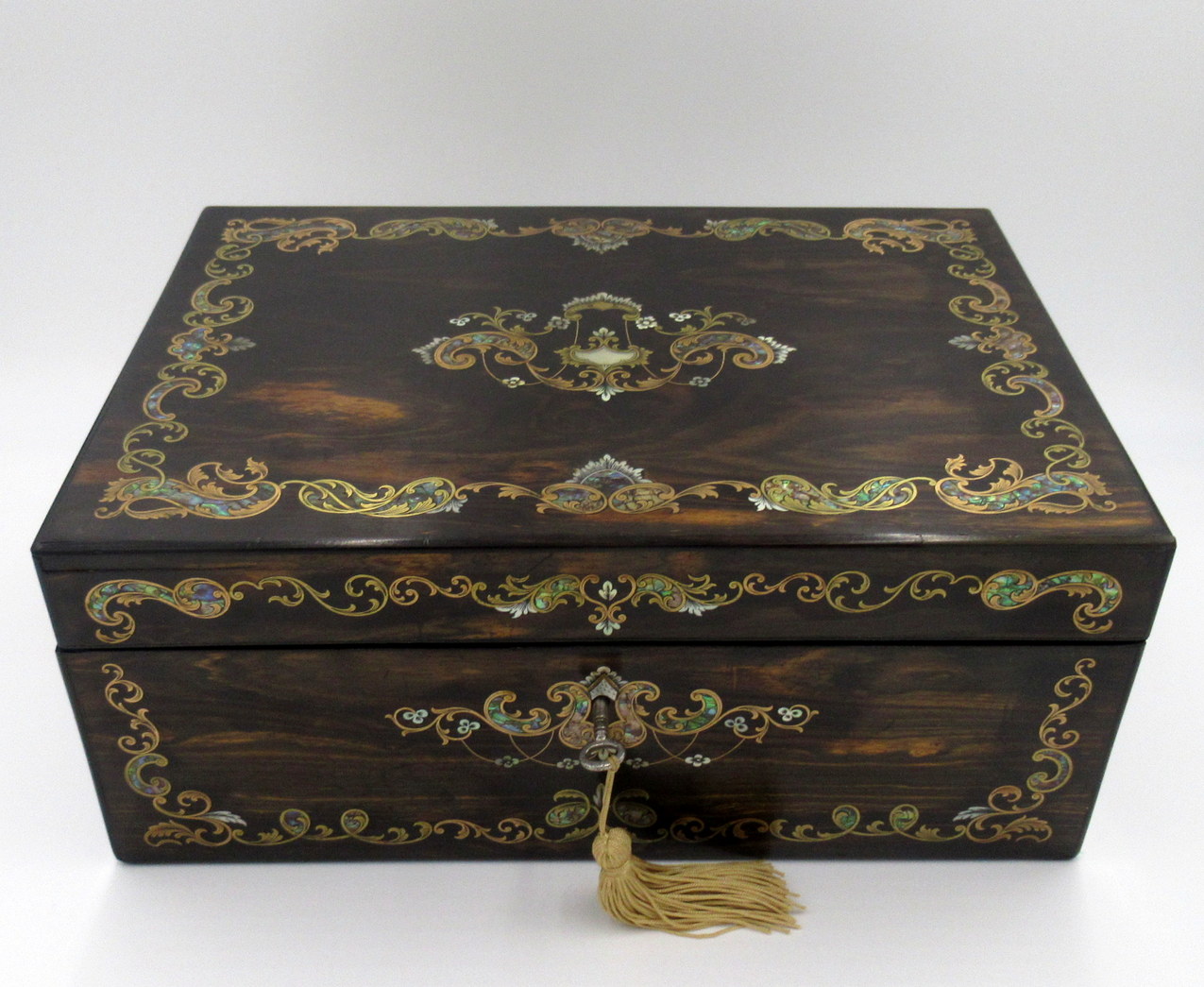 279. Antique Coromandel Mahogany Brass Inlaid English Writing Box Slope Mother Pearl