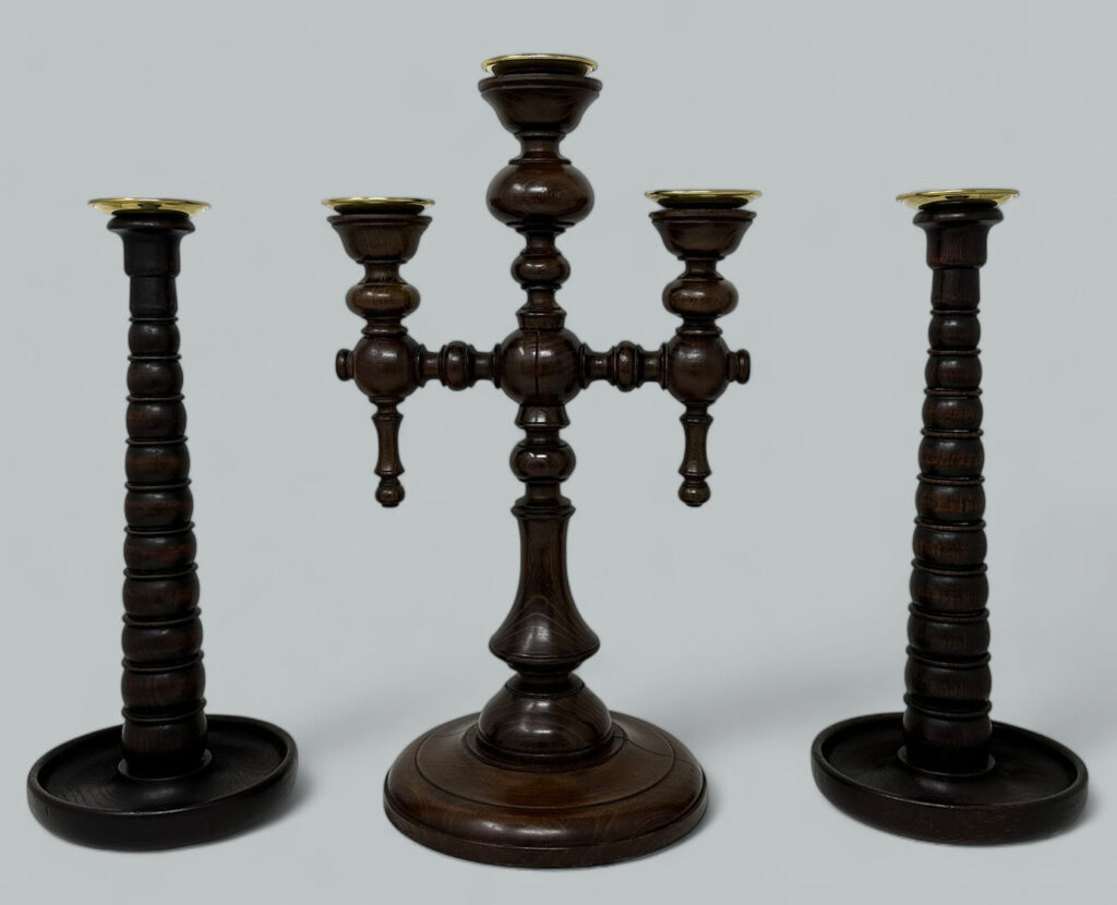197. Antique Garniture and Pair English Victorian Wooden Candlesticks Candelabra 19 Ct