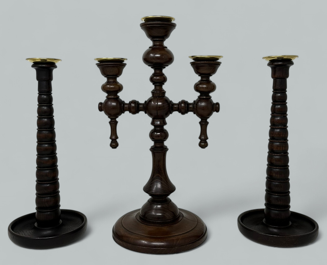 197. Antique Garniture and Pair English Victorian Wooden Candlesticks Candelabra 19 Ct