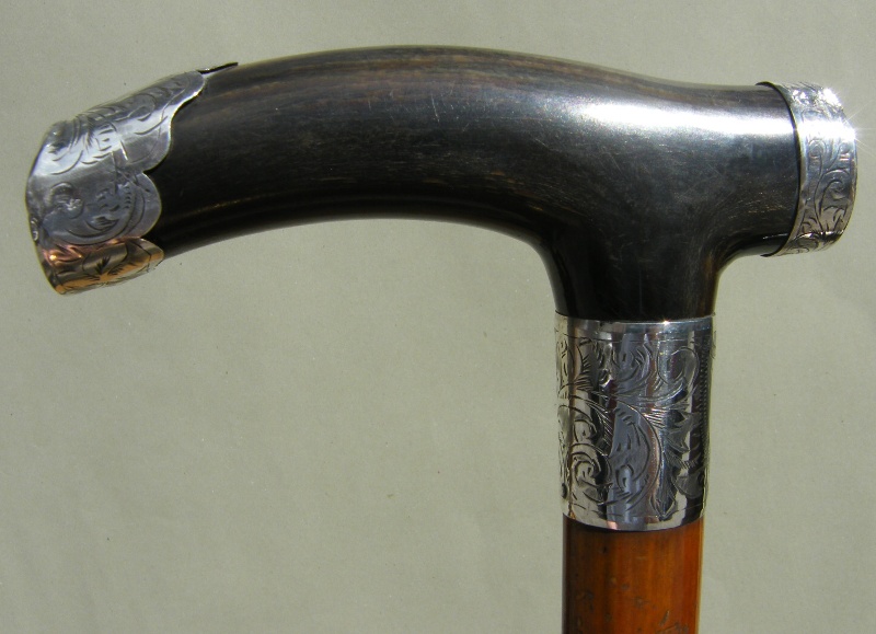 510. Malacca Walking Stick with Tau Shaped Horn Handle Dated 1904 - Image 2